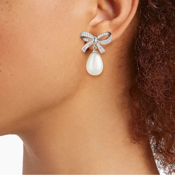 Anthro Shashi Pave Pearl Bow Earrings - Picture 6 of 6